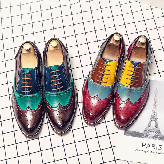 Baroque Colorblock PU Leather Lace Up Low Top Pointy Toe Oxfords Shoes