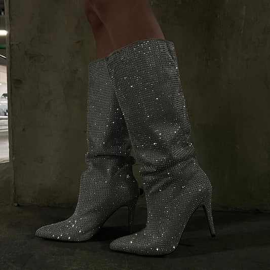 Crystal Sparkle Knee High Genuine Leather Boots
