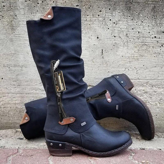 Women'S Solid Side Zip Vintage Chunky Heel Rider Boots