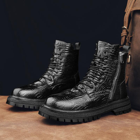 Crocodile-print leather boots